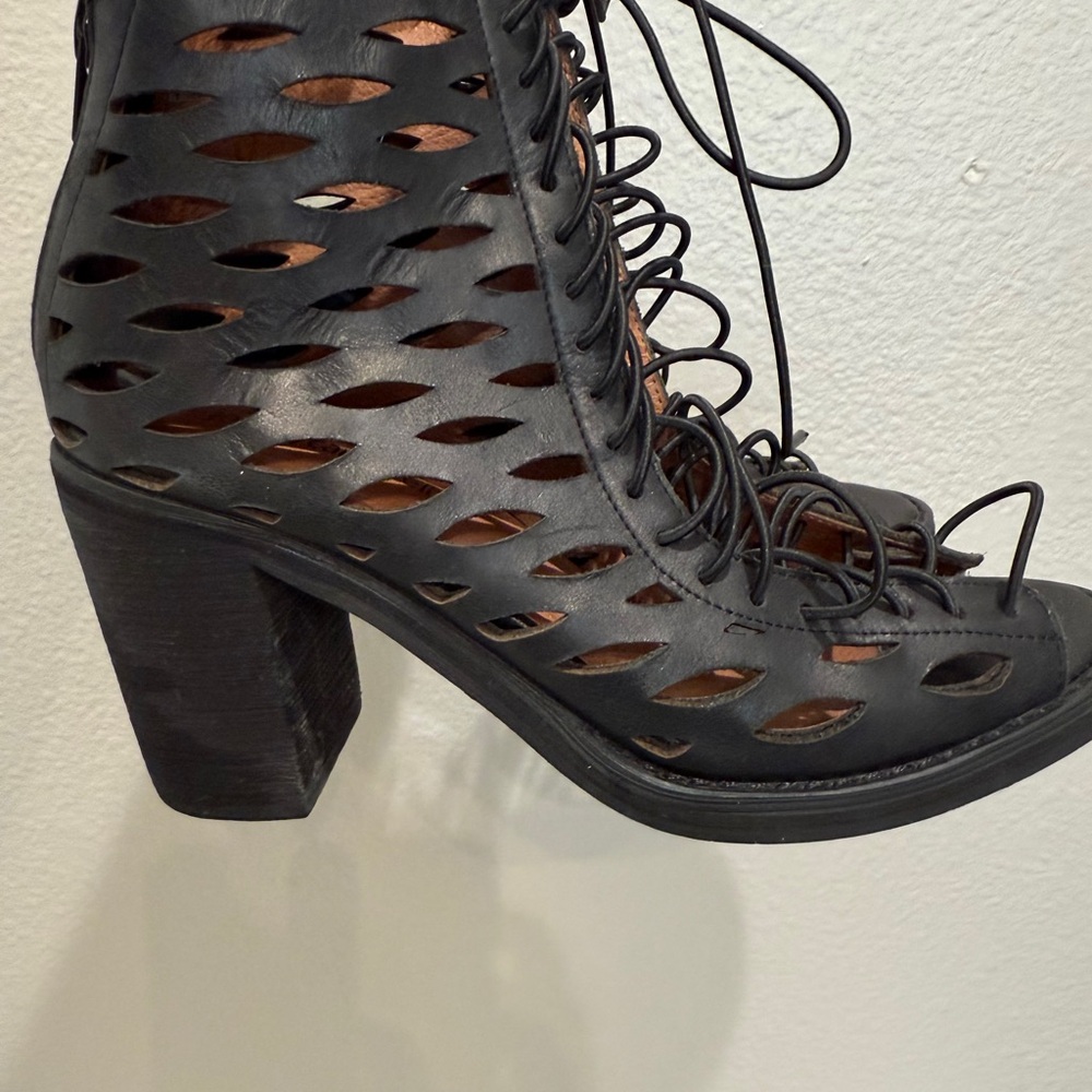Jeffrey Campbell Ibiza Size 6.5 Booties Black Laser Cut Leather Heels